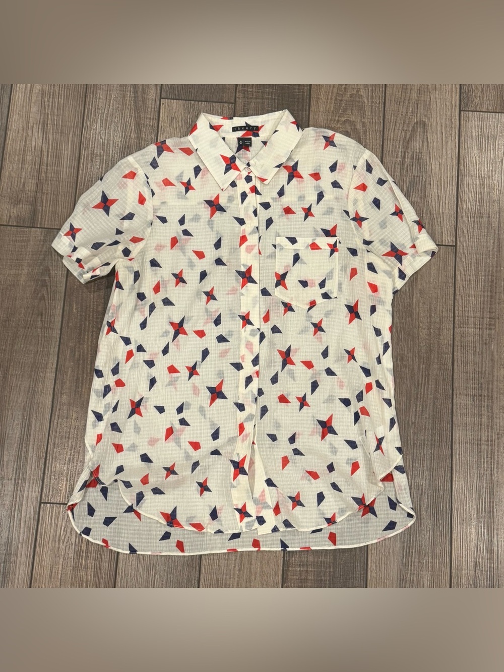 Theory Womens Star Geometric Button-Down Short Sleeve Blouse Cotton Silk Sz M
